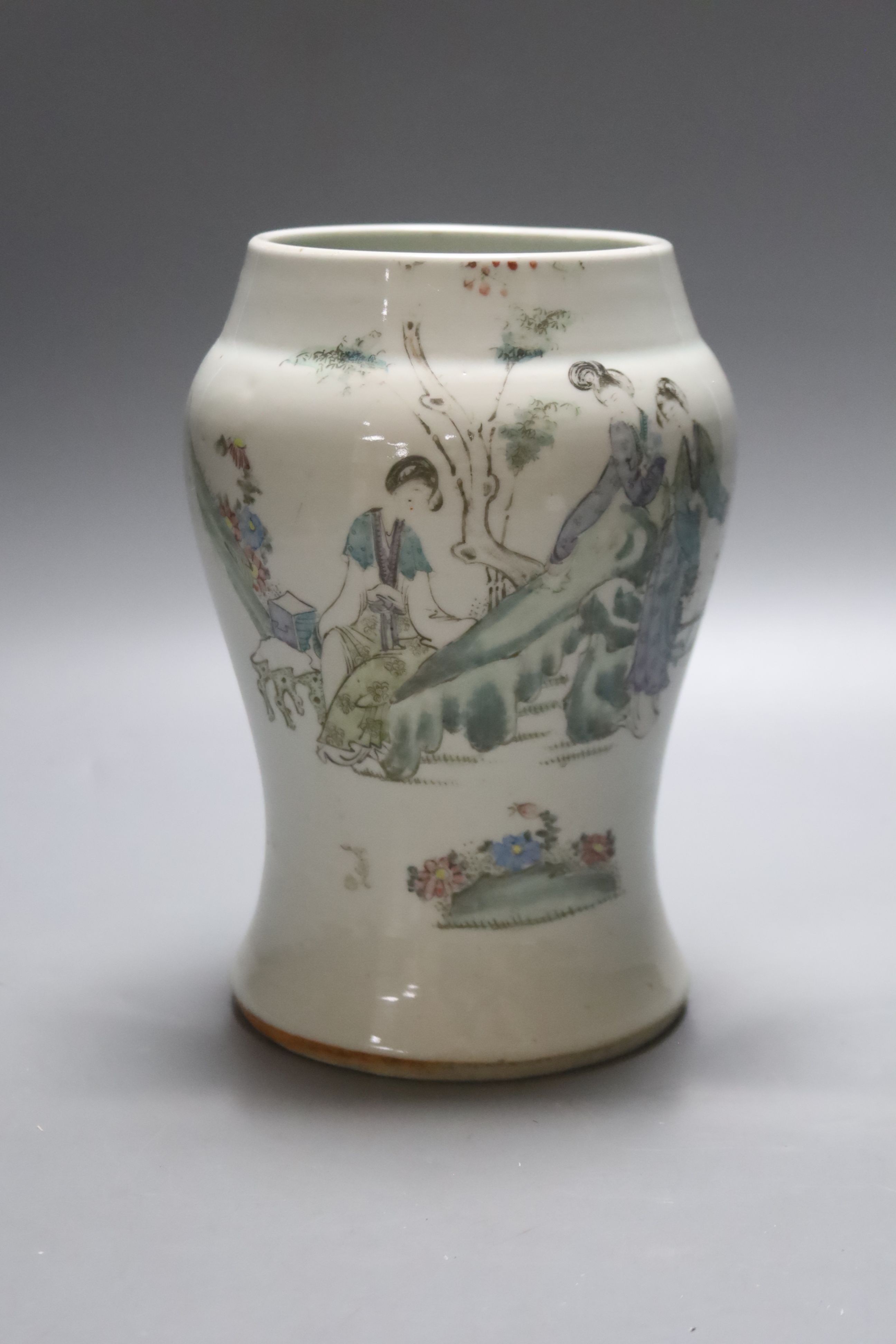 A Chinese porcelain baluster jar, early 20th century, painted with figures and script